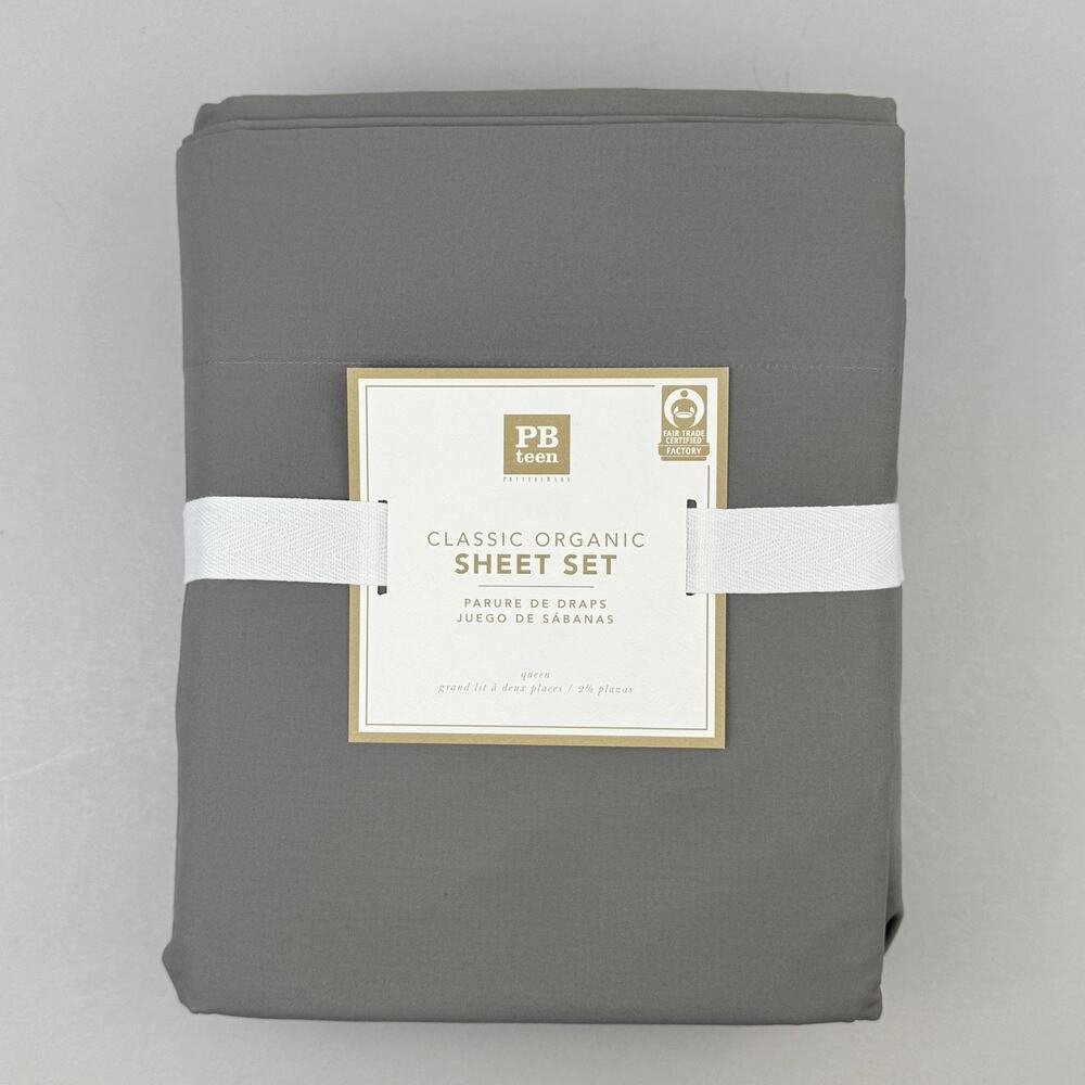 Pottery Barn Teen Classic Organic Sheet Set QUEEN Gray Organic Cotton New
